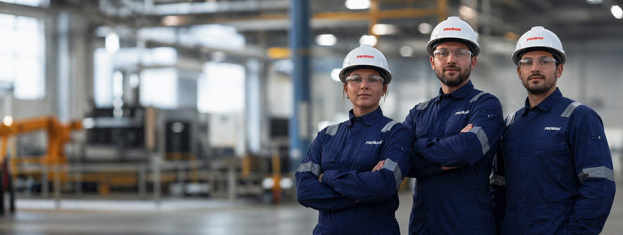 Three Proban workers posing inside a manufacturing facility