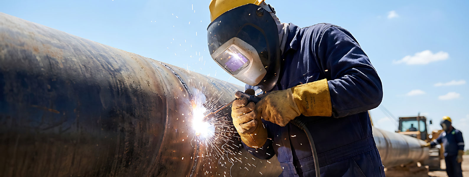 Man with FR clothing and face shield welding pipe